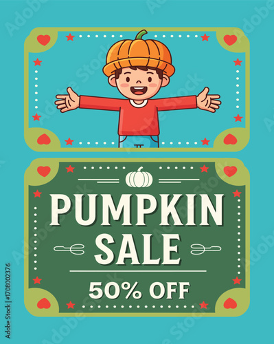Smiling scarecrow boy and pumpkin sale discount offer vector