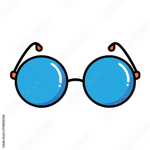 A cartoon illustration of round-framed blue sunglasses, a summer accessory for sun protection.