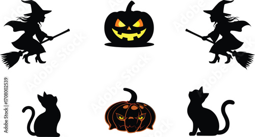 Halloween silhouette icons festive pumpkins witches and cats vector