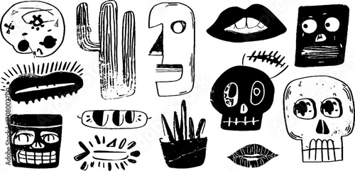 Abstract faces and objects collection with skulls and cactus for creative design