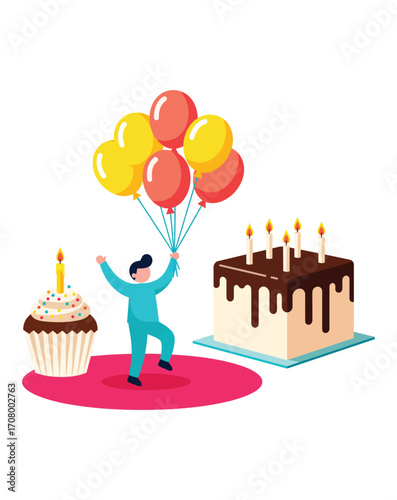 Happy birthday celebration with cake balloons and person vector
