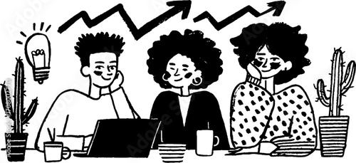 Collaborative entrepreneurial team with laptop and ideas for business success design