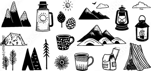 Minimalist camping essentials with thermos, mug, lantern, and backpack for outdoor adventures
