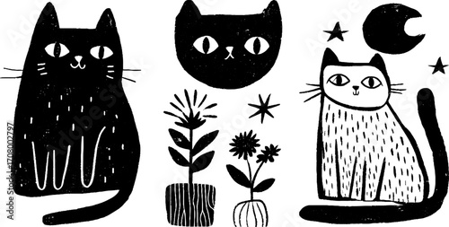 Whimsical cat tattoo flash set with moon and stars for artistic design
