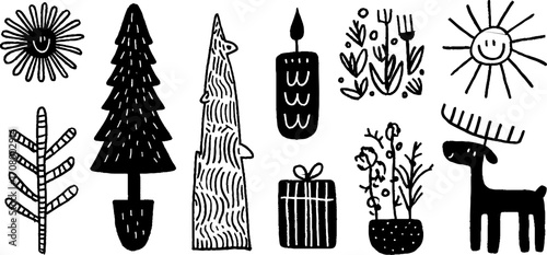 Festive holiday elements: christmas trees, starbursts, and reindeer - perfect for seasonal designs