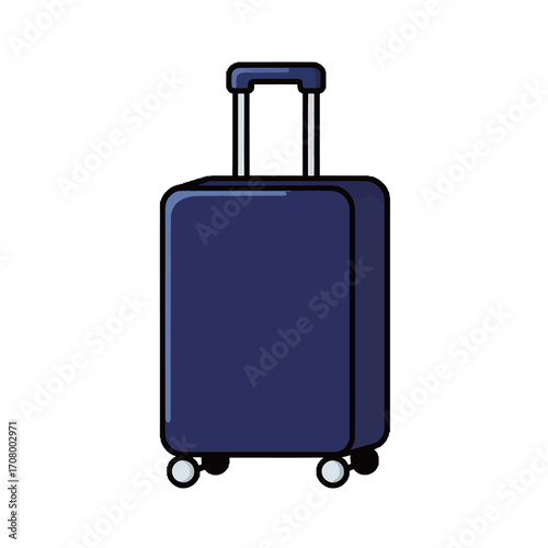 A simple cartoon illustration of a navy blue suitcase with wheels and a handle, travel luggage.
