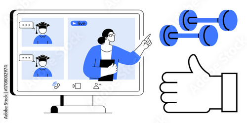 Educator leads live online class with two students on screen, accompanied by dumbbells and thumbs-up. Ideal for e-learning, fitness, wellness, education, technology, training, simple landing page