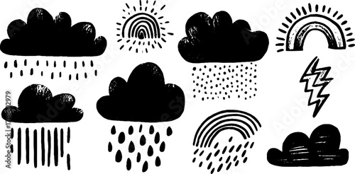 Storm and sky: hand-drawn cloud, rain, and rainbow illustrations for creative designs