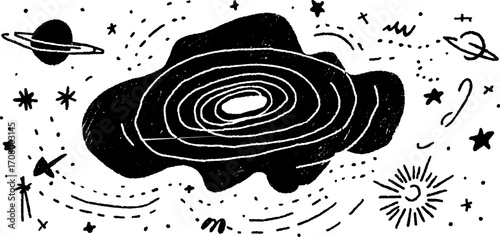 Cosmic fills and galaxy spirals with dotted orbits - celestial theme for design projects