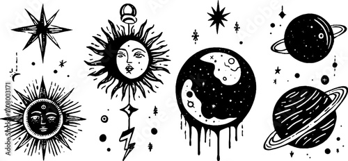 Ethereal cosmic glyphs: collection of sun emblems and crescent moons for mystical designs