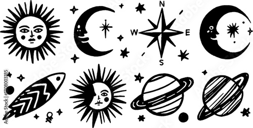 Cosmic glyphs collection featuring sun emblems and crescent moon designs for mystical art and decor
