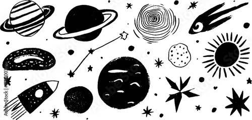 Cosmic elements collection with planetary rings, comet, and spiral galaxy design