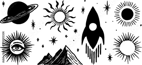 Celestial wonders: cosmic vibes with ringed planet, satellite, and asteroids for design
