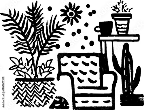 Coworking scene: collaborative workspace with laptops and plants