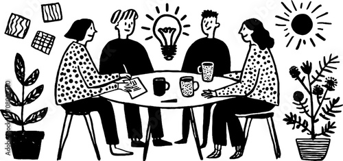 Creative brainstorming session with team at round table in hand-drawn vintage style
