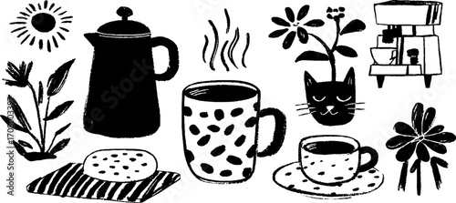 Cozy morning coffee scene with plants and cat illustration for cafe decor