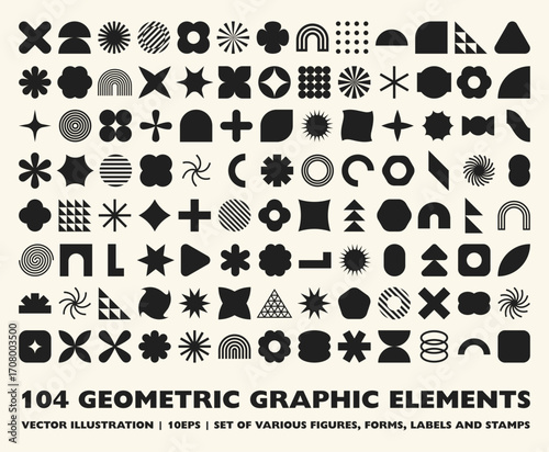Collection of 104 geometric graphic elements. Brutalist style abstract shapes. Retro design. Vector illustration