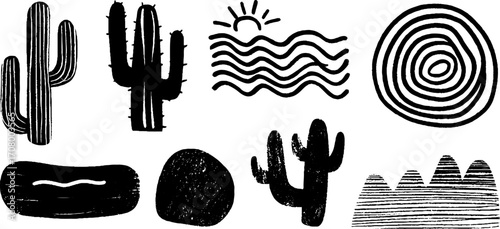 Desert motifs collection with textured cactus and sun elements for creative designs