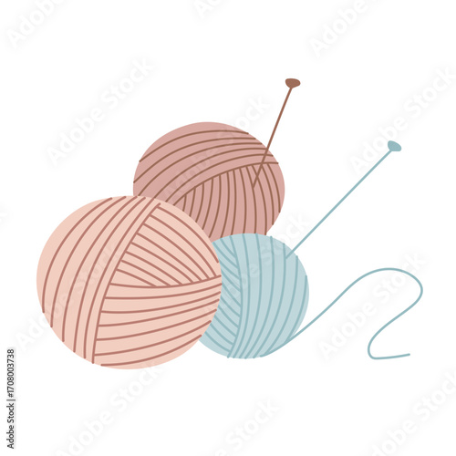 Three balls of yarn for knitting with knitting needles. Vector element for design of craft shop or blog
