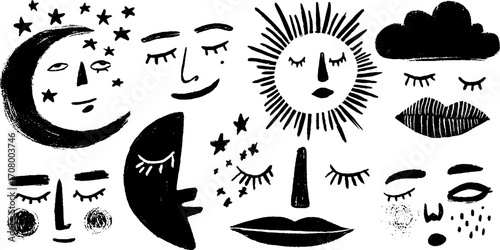 Dreamy celestial faces collection with moon, stars, and sun for artistic design