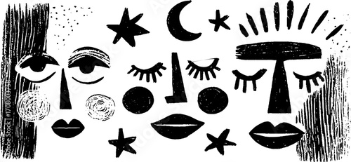 Dreamy celestial faces with moon and starry eyes - artistic design for posters and prints