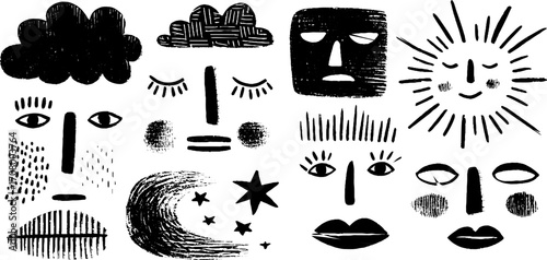 Dreamy celestial faces with cloud, moon, and starry eyes for artistic design