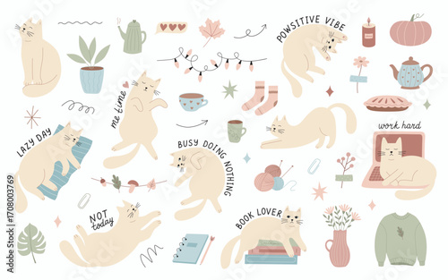Cute Cats with humorous prases and Cozy Home Elements. Sticker Set with Autumn Mood