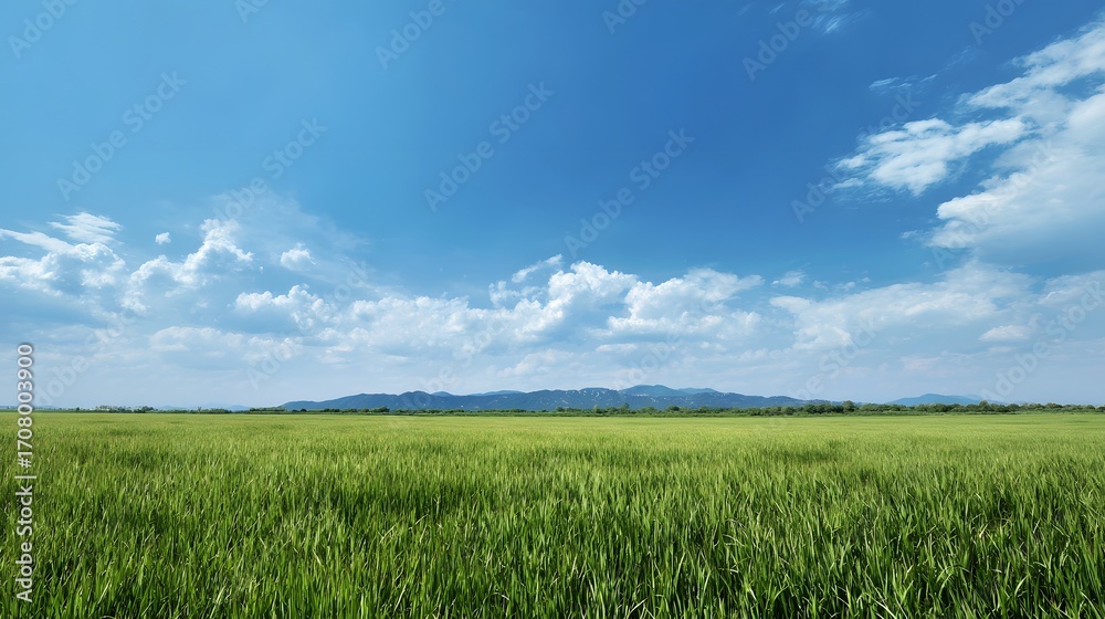 Fototapeta premium A serene landscape with green rolling hills under a blue sky with fluffy clouds.
