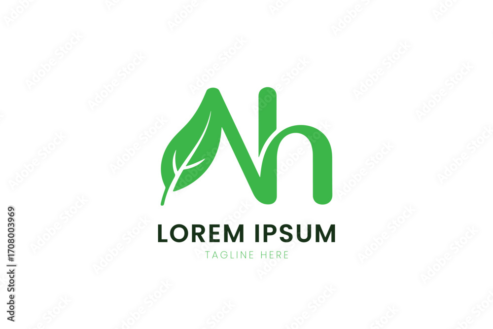 Fototapeta premium Minimalist green leaf logo design incorporating the letter n and h