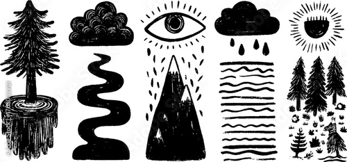 Dreamscapes collection: floating island, spiral tree, and celestial cloud design