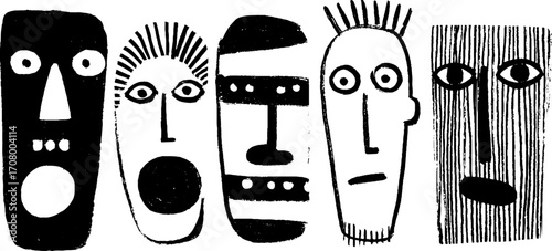 Emotional masks collection: expressive faces in monochrome design for artistic creations