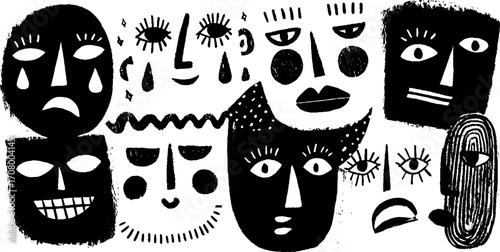 Expressive emotions collage featuring crying and laughing masks in abstract style