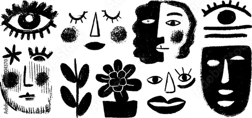 Abstract collage set featuring faces, stars, and botanical elements with textured design