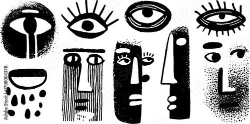 Abstract faces and eyes line art with masks for creative designs