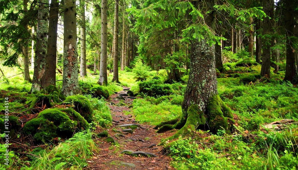 Obraz premium Lush forest path winding through mossy woods