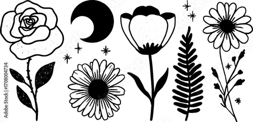 Floral and celestial tattoo flash design set with moons and stars