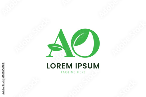 Minimalist green abstract logo featuring letters a and o with leaf motifs and placeholder text