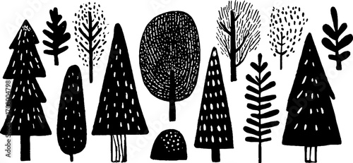 Whimsical forest silhouette of pine, oak, and birch trees with mountain backdrop for nature design