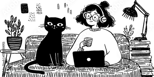 Cozy freelancer concept with person and cat on couch for remote work inspiration