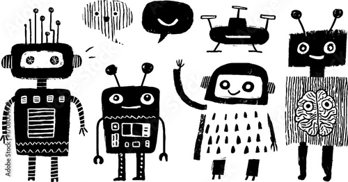 Future of work: robot coworkers in playful hand-drawn style
