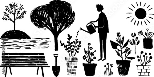 Garden life scene with person watering plants and nature elements for eco-friendly design