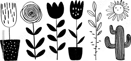 Surreal garden with blooming spiral rose and sun elements in doodle style