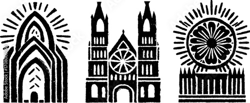 Gothic architecture elements with pointed arches and rose windows for design projects