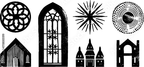 Gothic window designs: stained glass rose windows and arches for architecture themes