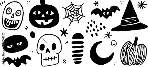 Halloween abstract collection with pumpkin faces, bats, and spooky silhouettes for creative designs