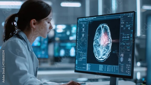 Brain Scan Examination: A focused doctor, enveloped in the glow of a computer screen, meticulously examines a detailed brain scan.