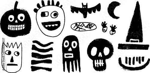 Halloween abstract set with pumpkin faces, bat, moon, and witch hat for festive design
