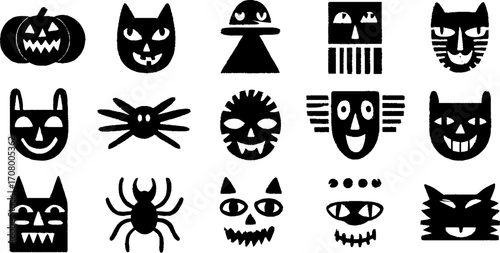 Playful halloween icons set featuring pumpkins, bats, skulls, witches, and cats for crafting and decor
