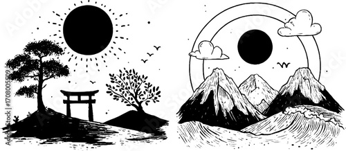 Wabi sabi japan: bonsai, tsunami wave, crane, and landscape design
