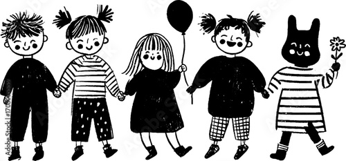 Playful kids collection: reading, running, and holding balloons for children's poster design